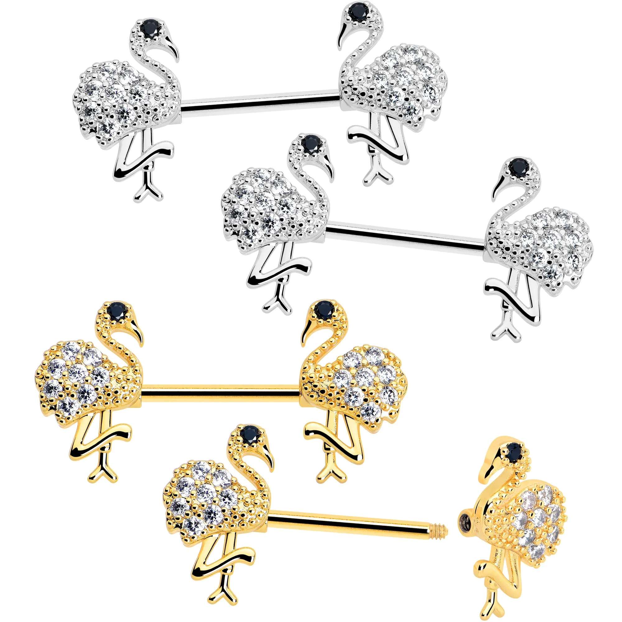 14 Gauge 9/16 CZ Gem Fashion Flamingo Barbell Nipple Ring Set