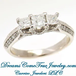 14K Gold 1.35 CTW Ladies 3 Princess Cut Diamond Past Present Future Ring