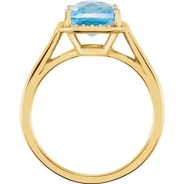 14k Gold 8mm Cushion Cut Swiss Blue Topaz & Diamond Halo Ring