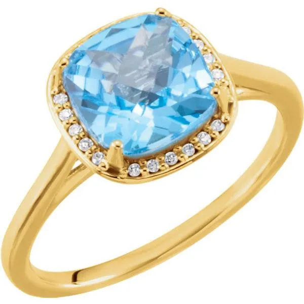 14k Gold 8mm Cushion Cut Swiss Blue Topaz & Diamond Halo Ring