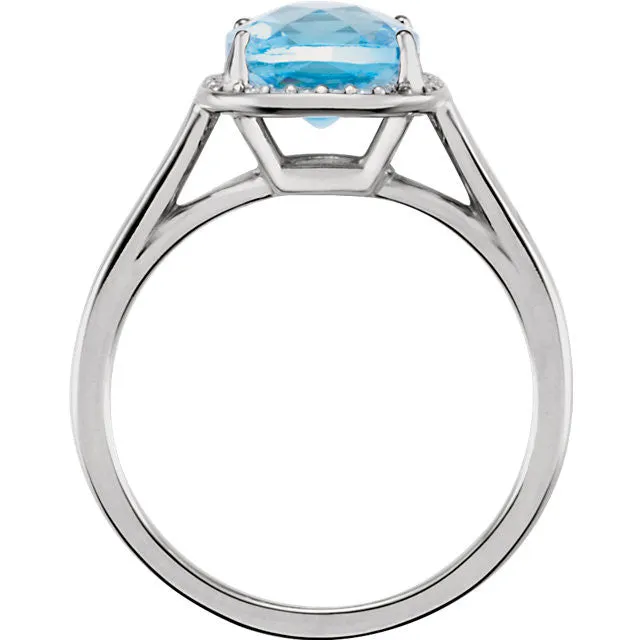 14k Gold 8mm Cushion Cut Swiss Blue Topaz & Diamond Halo Ring