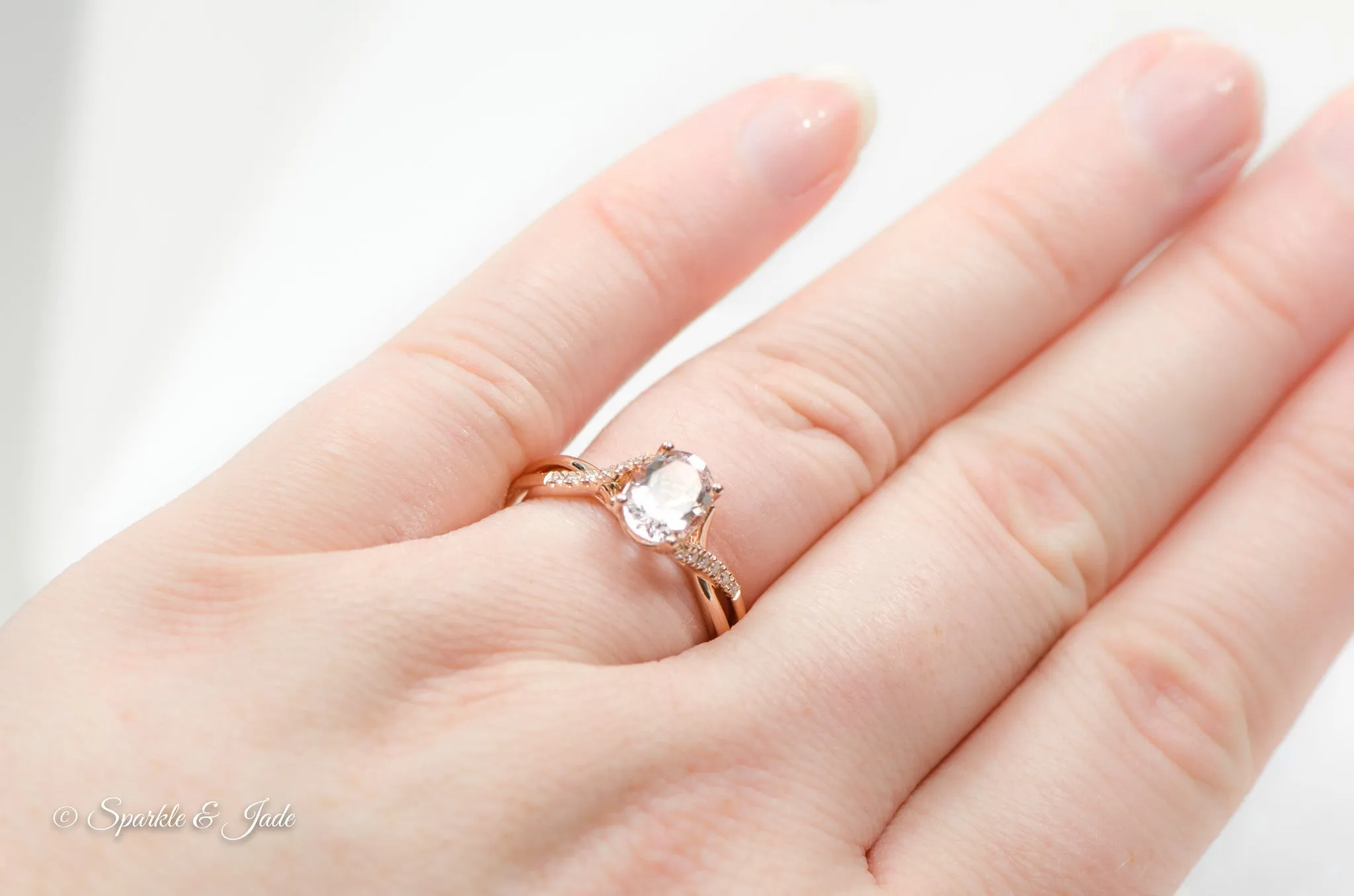 14k Gold Oval Morganite & .06 CTW Diamond Twist Band Ring