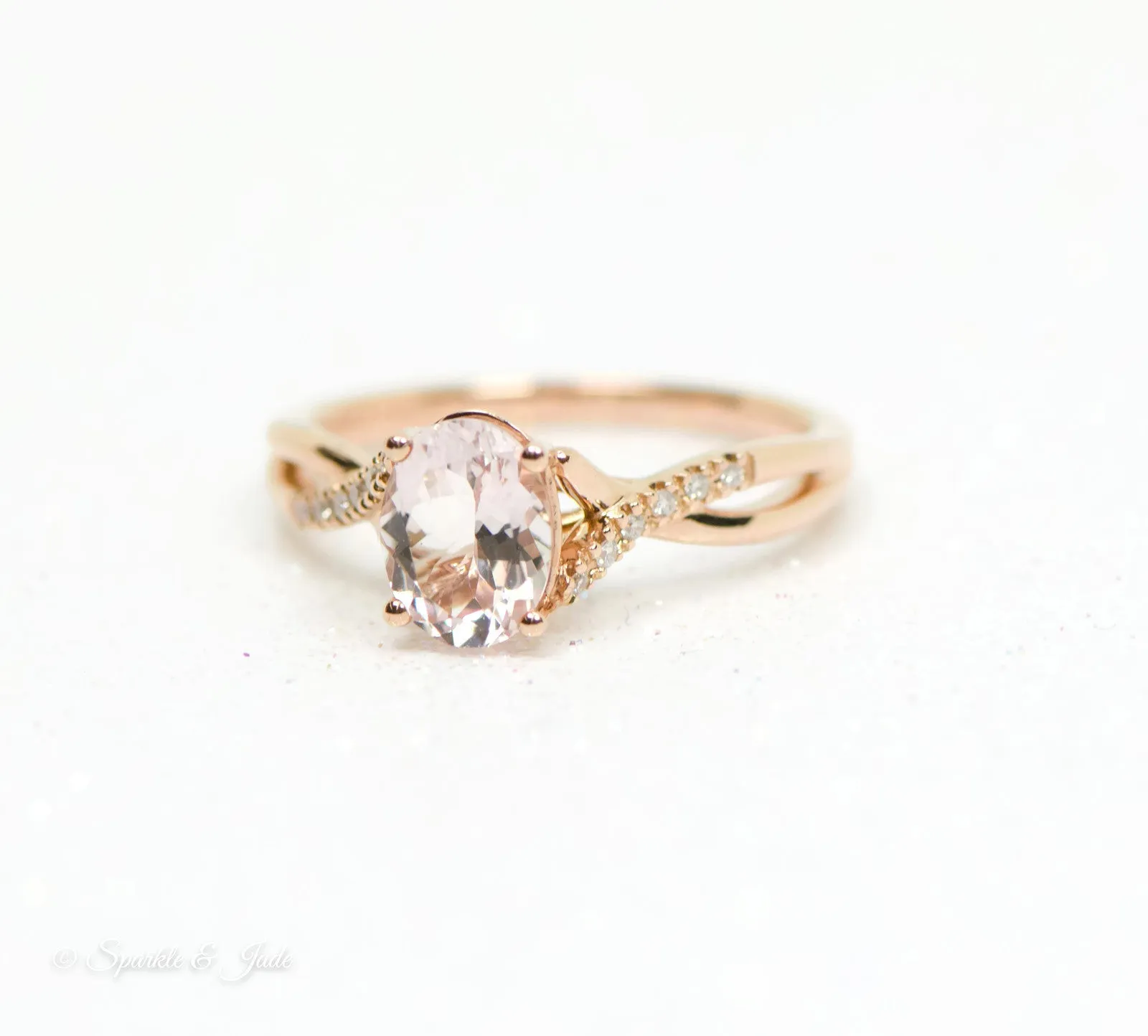 14k Gold Oval Morganite & .06 CTW Diamond Twist Band Ring