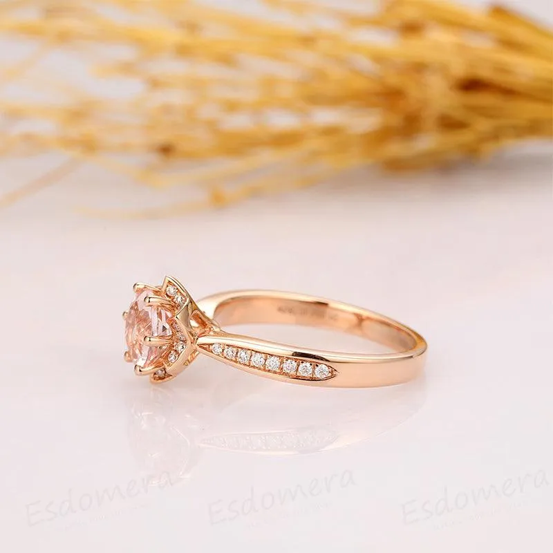 14k Rose Gold Floral Round 1CT Morganite Flower Accents Stack Ring