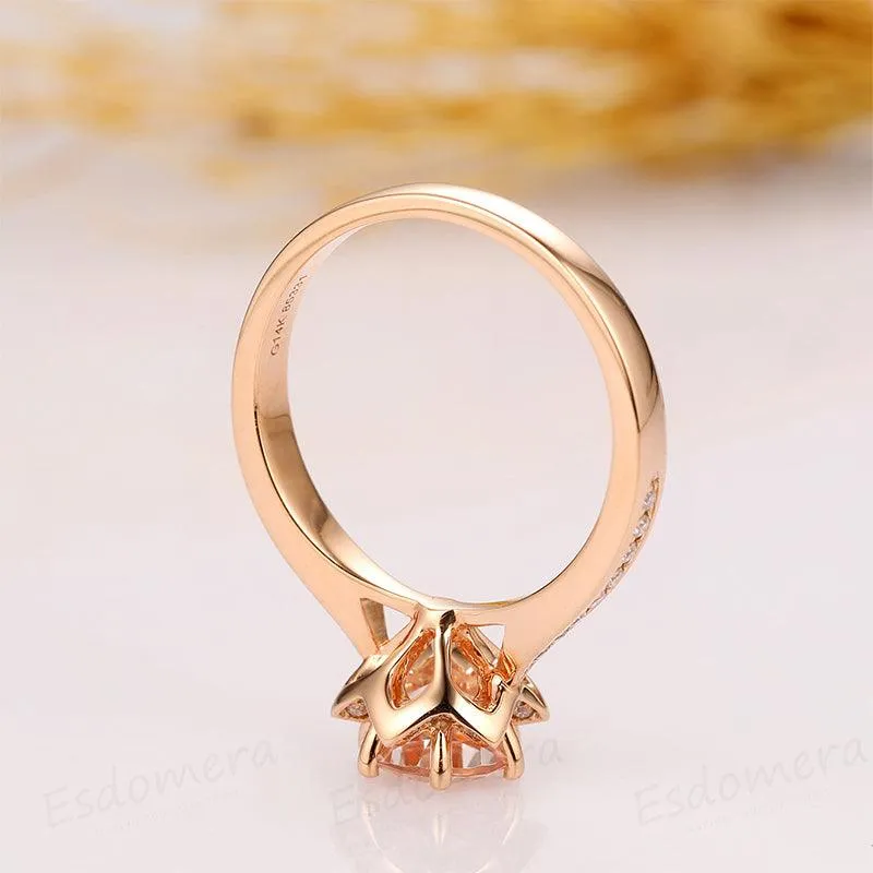 14k Rose Gold Floral Round 1CT Morganite Flower Accents Stack Ring