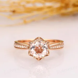 14k Rose Gold Floral Round 1CT Morganite Flower Accents Stack Ring