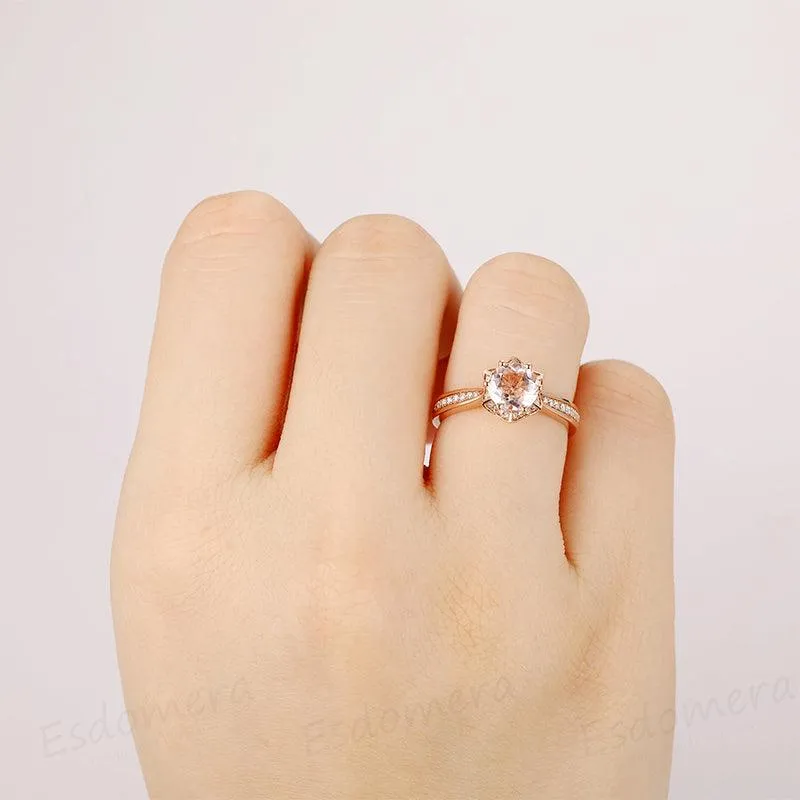 14k Rose Gold Floral Round 1CT Morganite Flower Accents Stack Ring