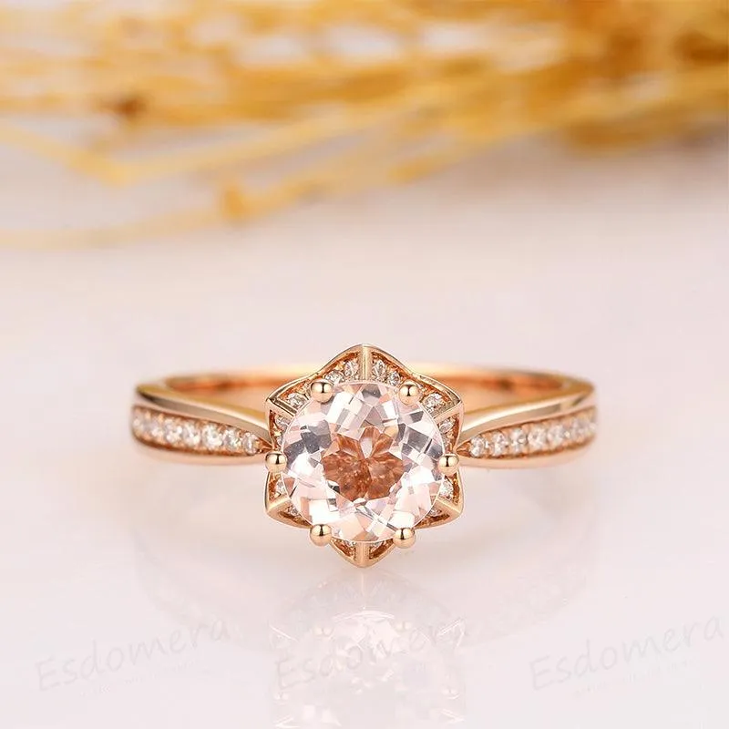 14k Rose Gold Floral Round 1CT Morganite Flower Accents Stack Ring