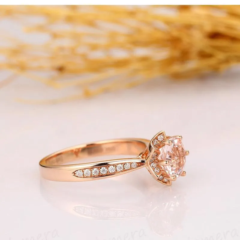 14k Rose Gold Floral Round 1CT Morganite Flower Accents Stack Ring