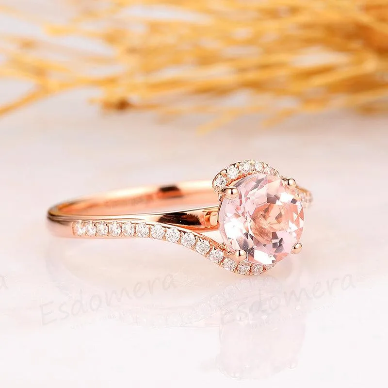 14k Rose Gold Round Cut 1.25CT Art Deco Pave Set Accents Morganite Ring