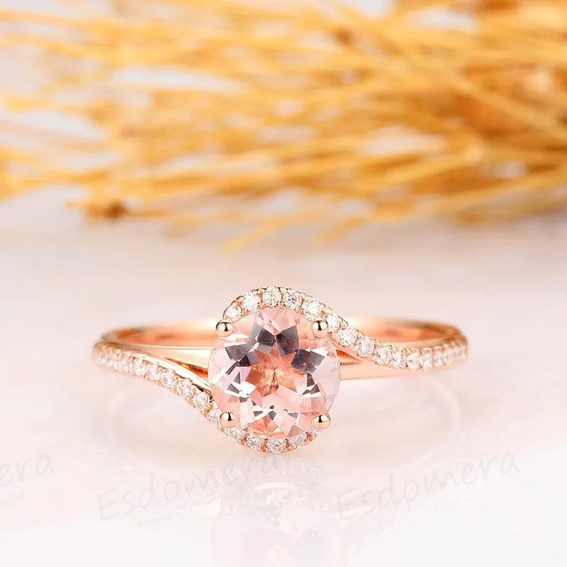 14k Rose Gold Round Cut 1.25CT Art Deco Pave Set Accents Morganite Ring