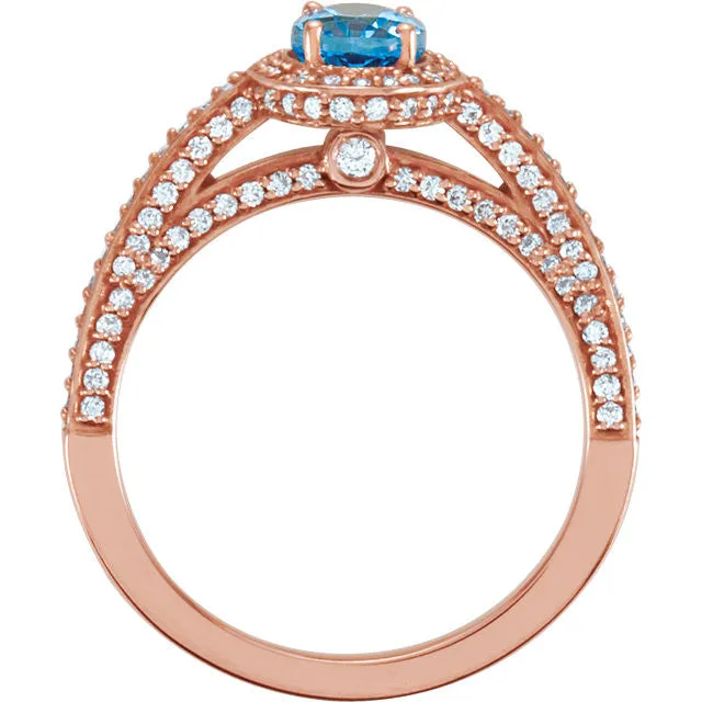 14k Rose Gold Swiss Blue Topaz Oval & Diamond Halo Engagement Ring