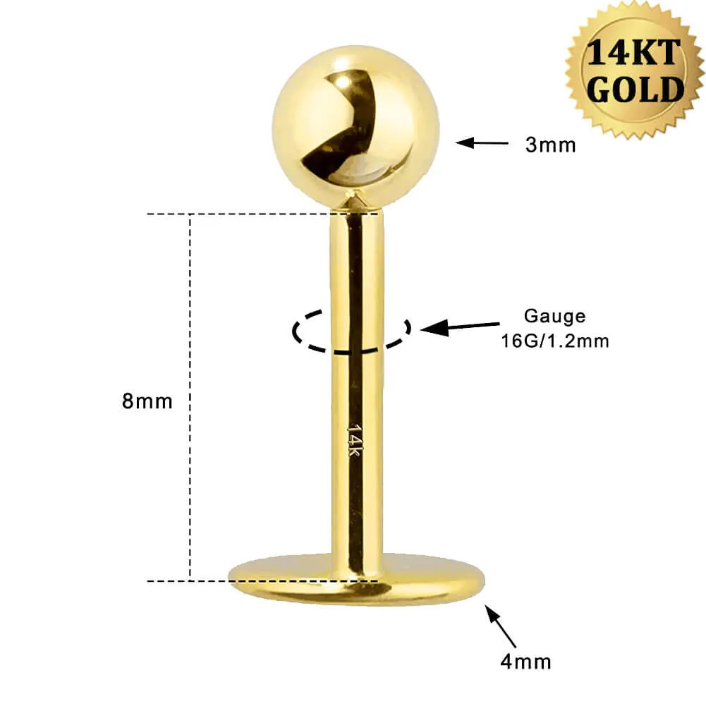 14K Solid Gold Labret Stud 16G Externally Threaded Lip Stud