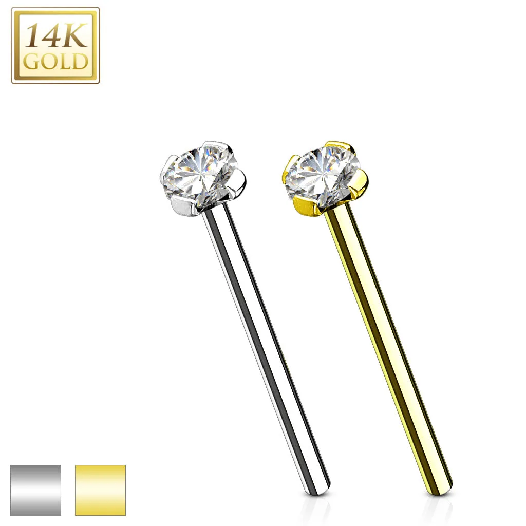 14K Solid Gold Prong CZ Fishtail Nose Pin Rings Stud 12mm