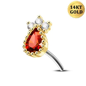 14K Solid Gold Red Marquise CZ Push Pin Cartilage Nose Stud