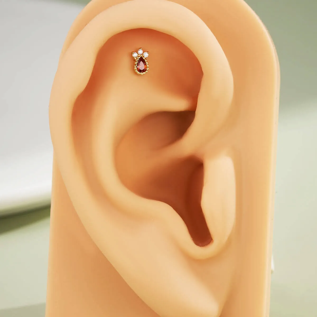 14K Solid Gold Red Marquise CZ Push Pin Cartilage Nose Stud