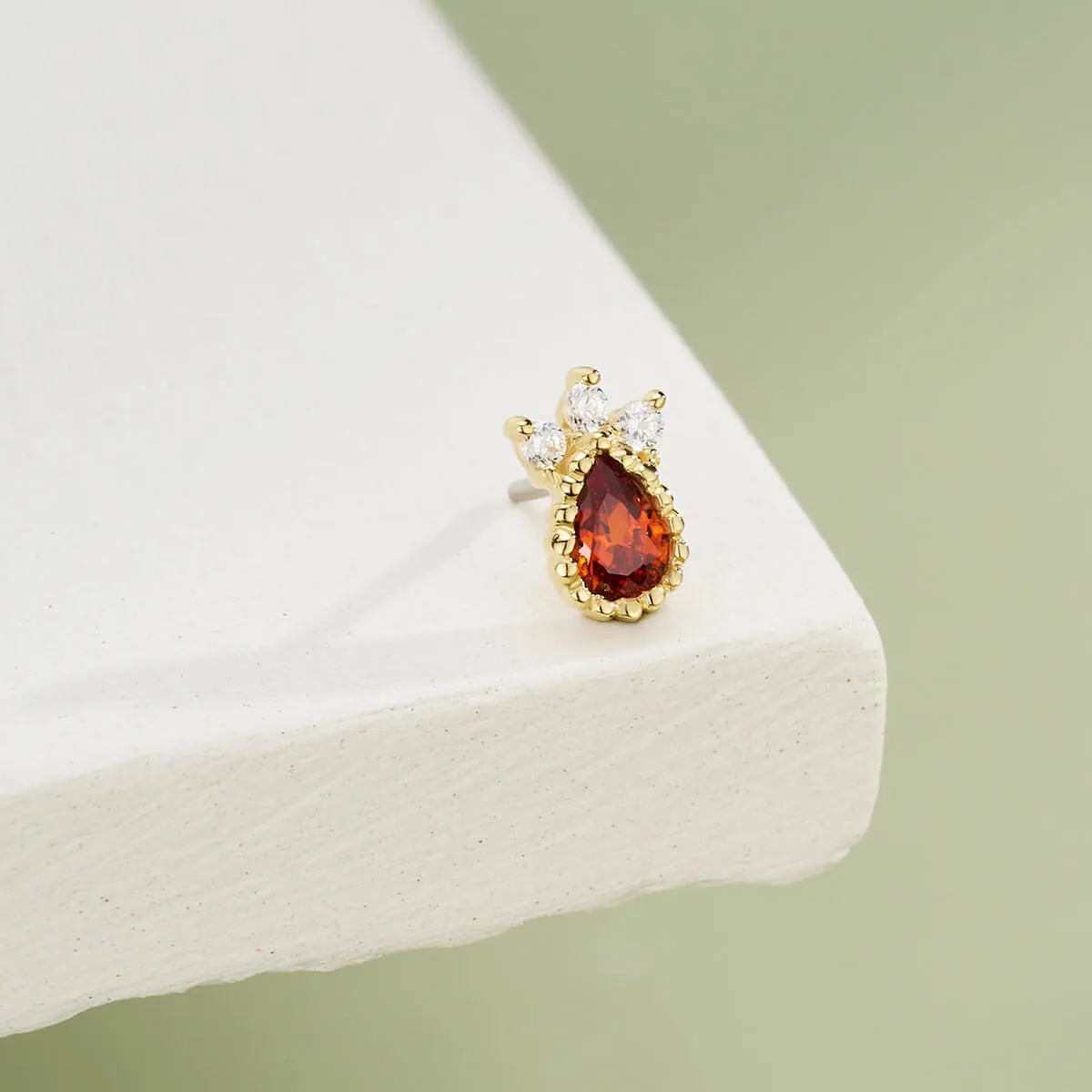 14K Solid Gold Red Marquise CZ Push Pin Cartilage Nose Stud