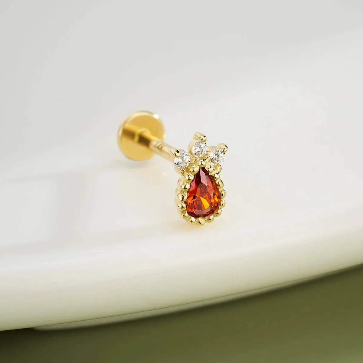 14K Solid Gold Red Marquise CZ Push Pin Cartilage Nose Stud