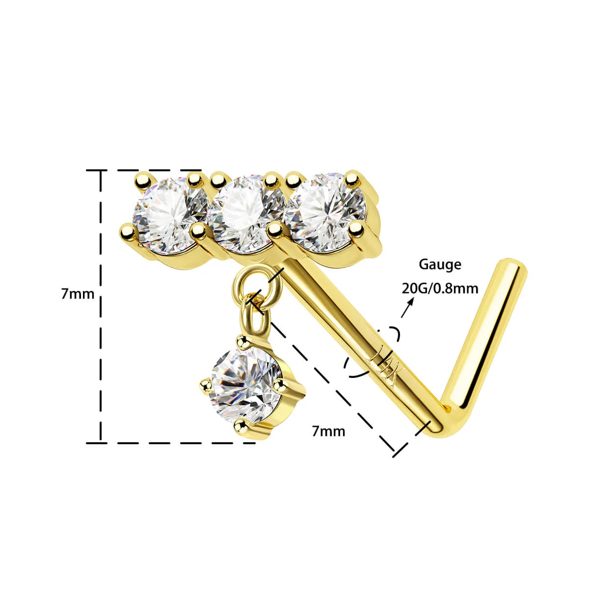 14K Solid Gold Straight Clear CZ Row L-Shaped Nose Stud