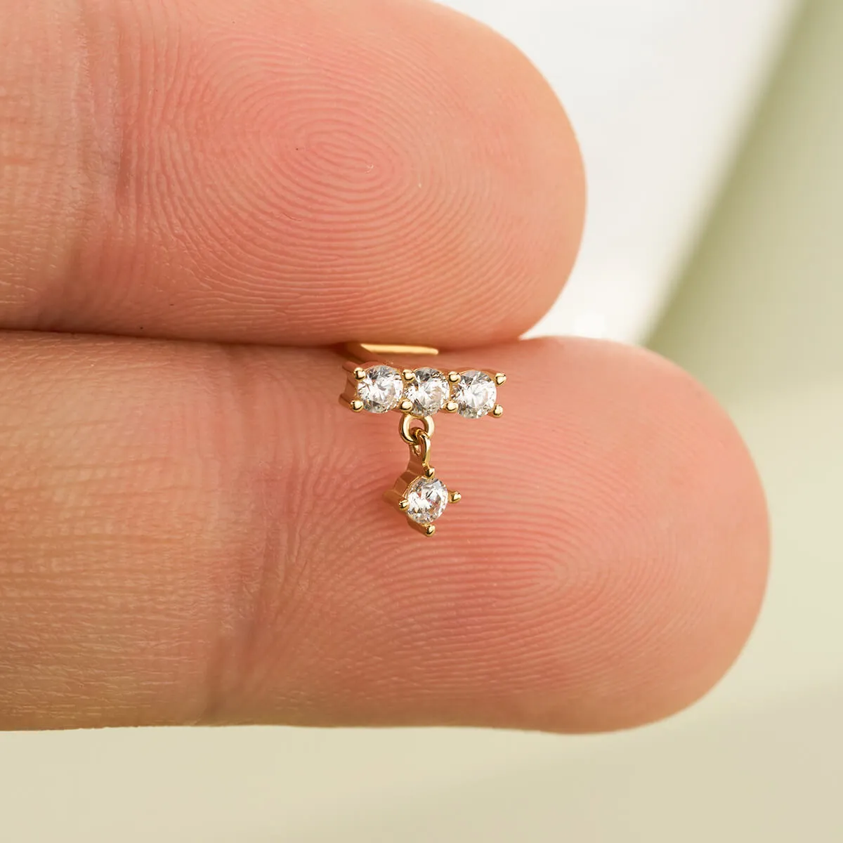 14K Solid Gold Straight Clear CZ Row L-Shaped Nose Stud
