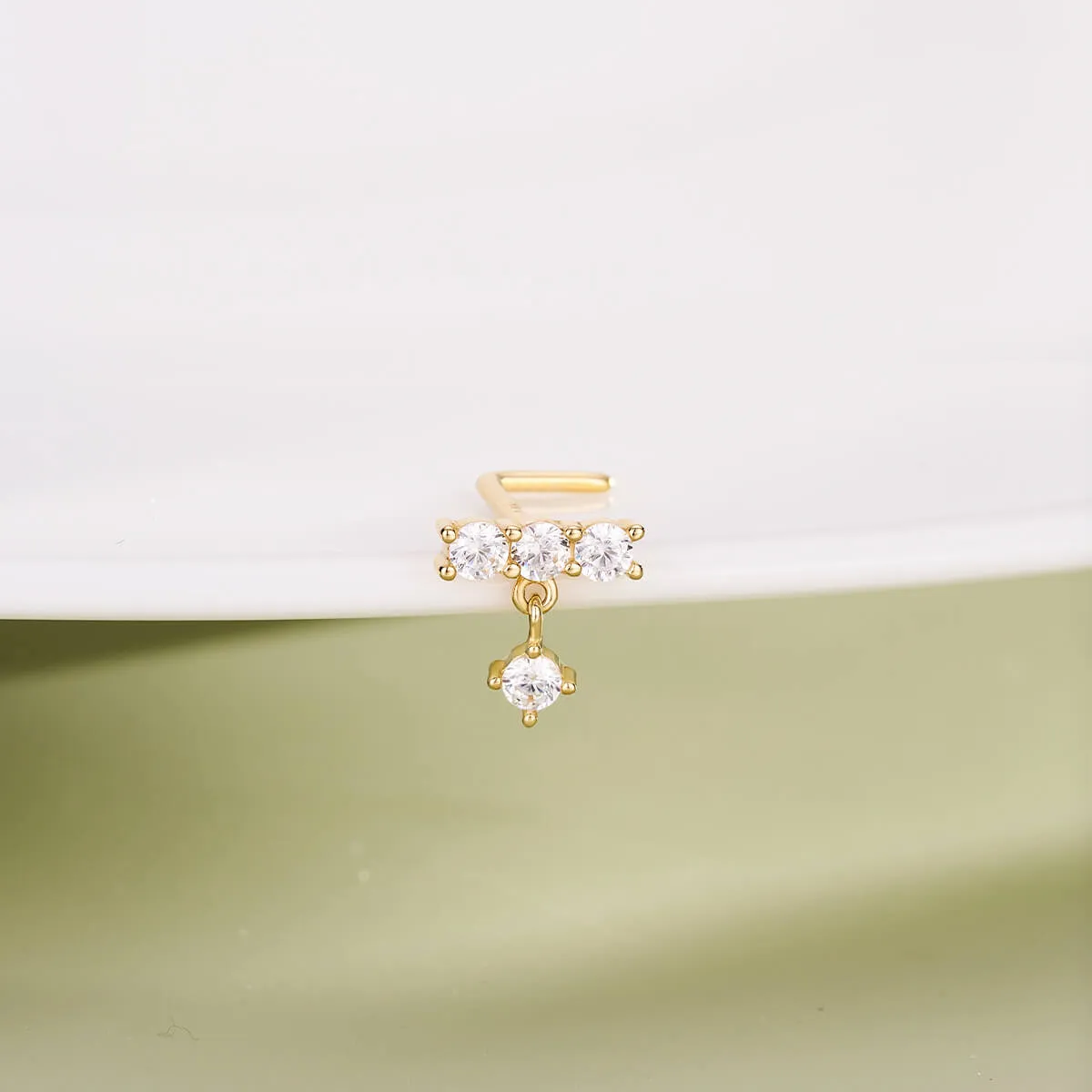 14K Solid Gold Straight Clear CZ Row L-Shaped Nose Stud