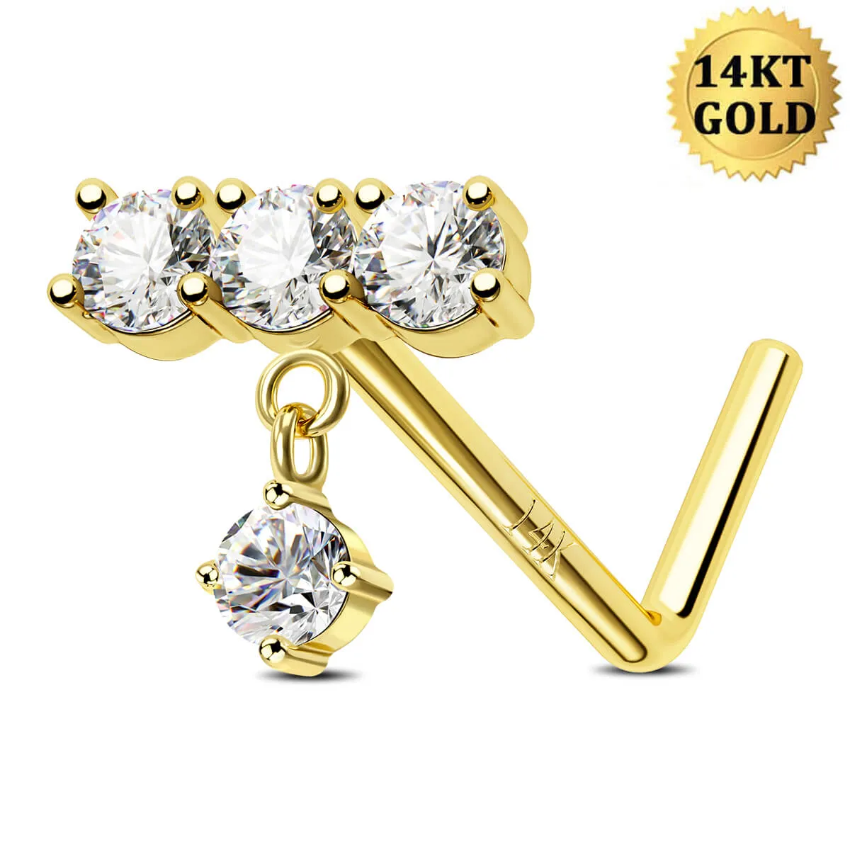 14K Solid Gold Straight Clear CZ Row L-Shaped Nose Stud