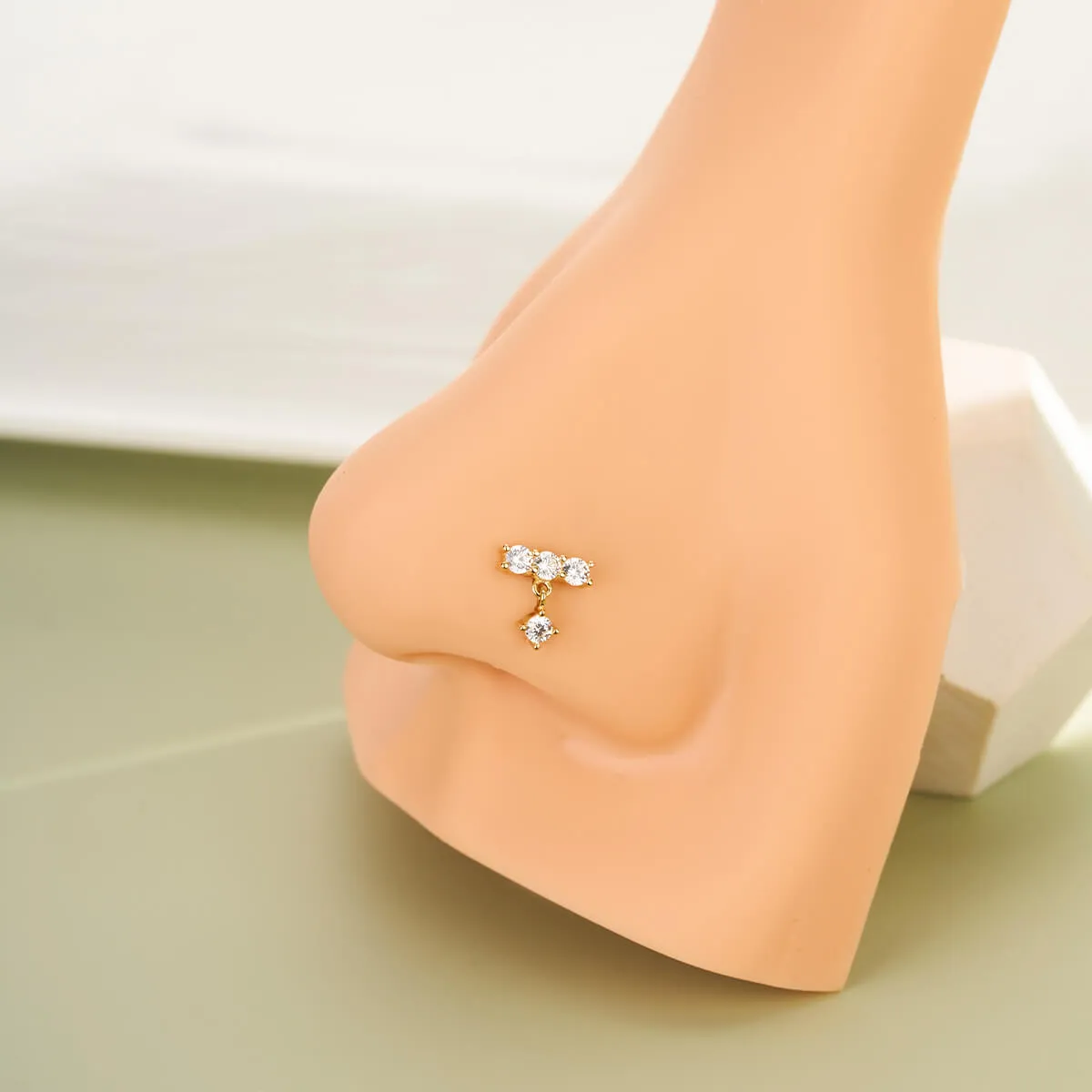 14K Solid Gold Straight Clear CZ Row L-Shaped Nose Stud