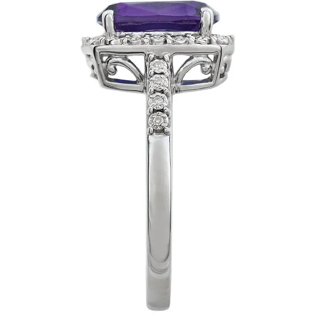 14k White Gold 10x8 Antique Cushion Amethyst & Diamond Halo Ring