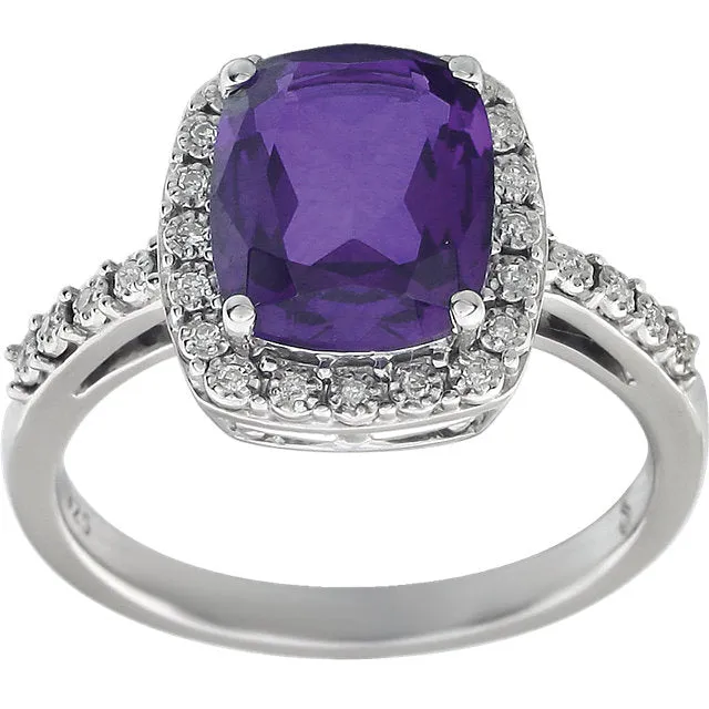 14k White Gold 10x8 Antique Cushion Amethyst & Diamond Halo Ring