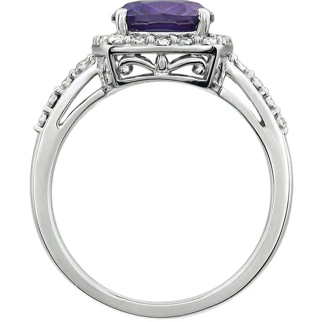 14k White Gold 10x8 Antique Cushion Amethyst & Diamond Halo Ring