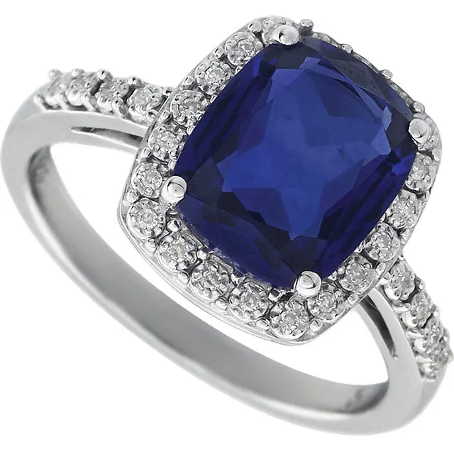 14k White Gold 10x8 Antique Cushion Created Blue Sapphire & Diamond Halo Ring