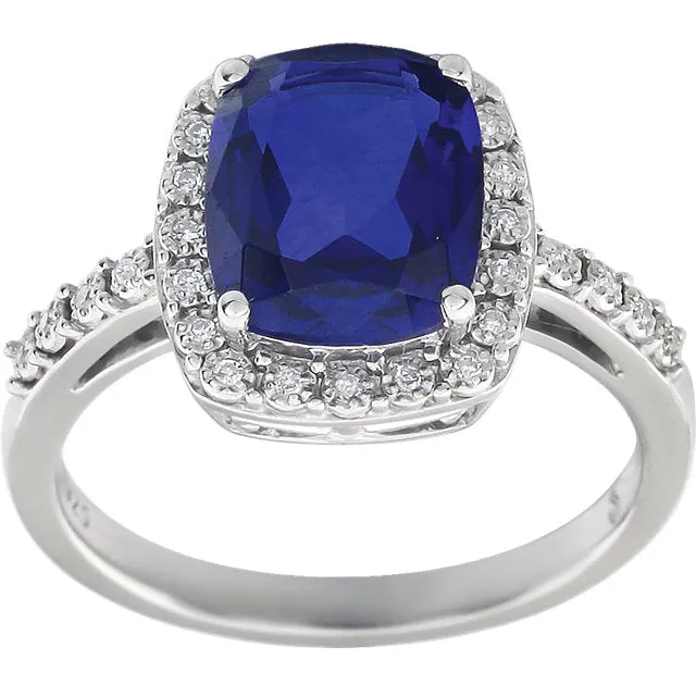 14k White Gold 10x8 Antique Cushion Created Blue Sapphire & Diamond Halo Ring