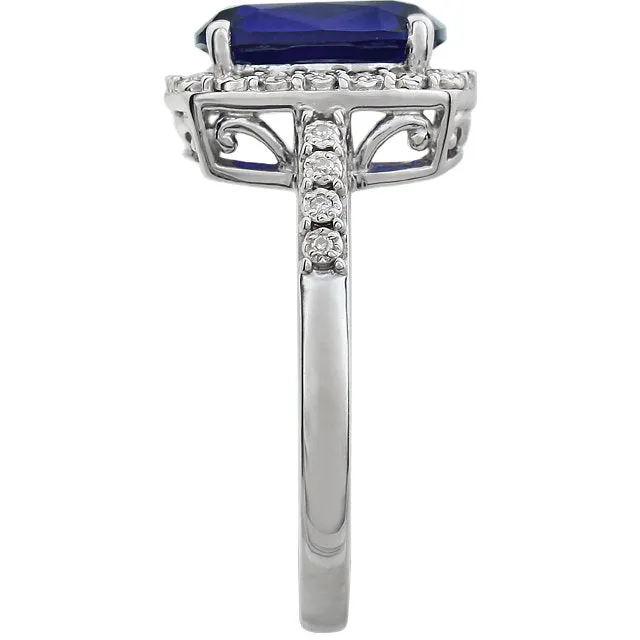 14k White Gold 10x8 Antique Cushion Created Blue Sapphire & Diamond Halo Ring