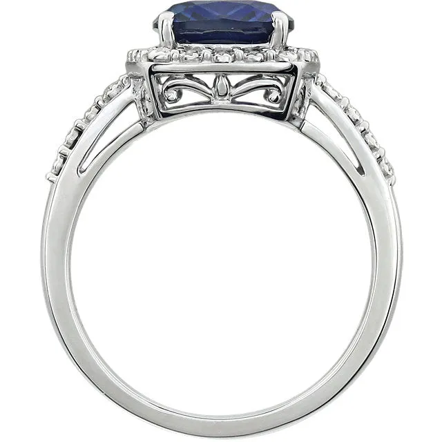 14k White Gold 10x8 Antique Cushion Created Blue Sapphire & Diamond Halo Ring
