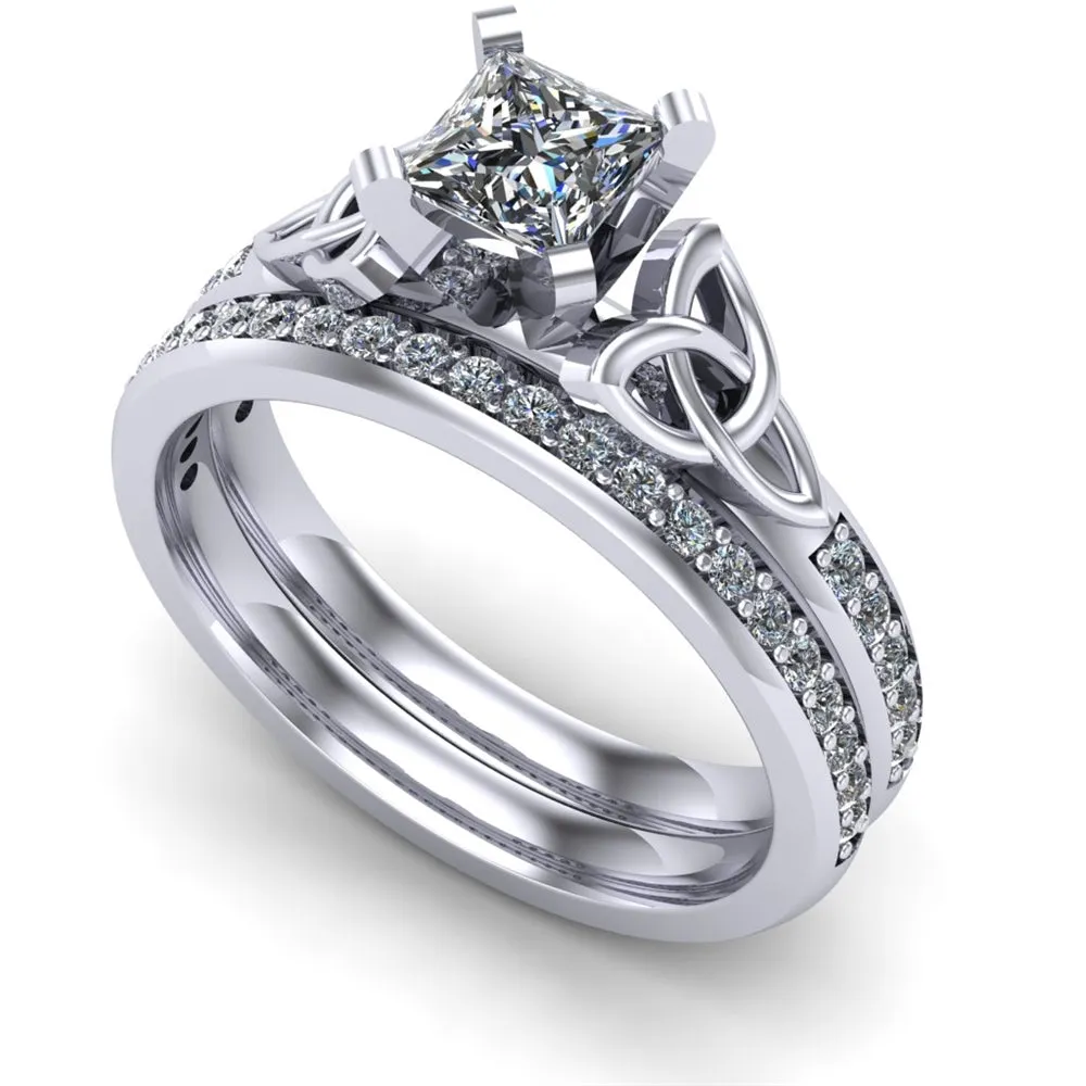 14K White Gold Celtic Bridal Set AYLIN-1S-SET-WHITE-PRINCESS