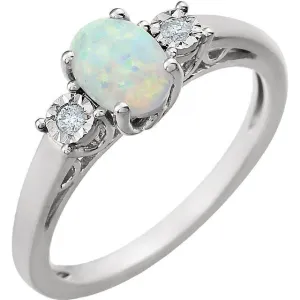14k White Gold Created Opal & .04 CTW Diamond Ring