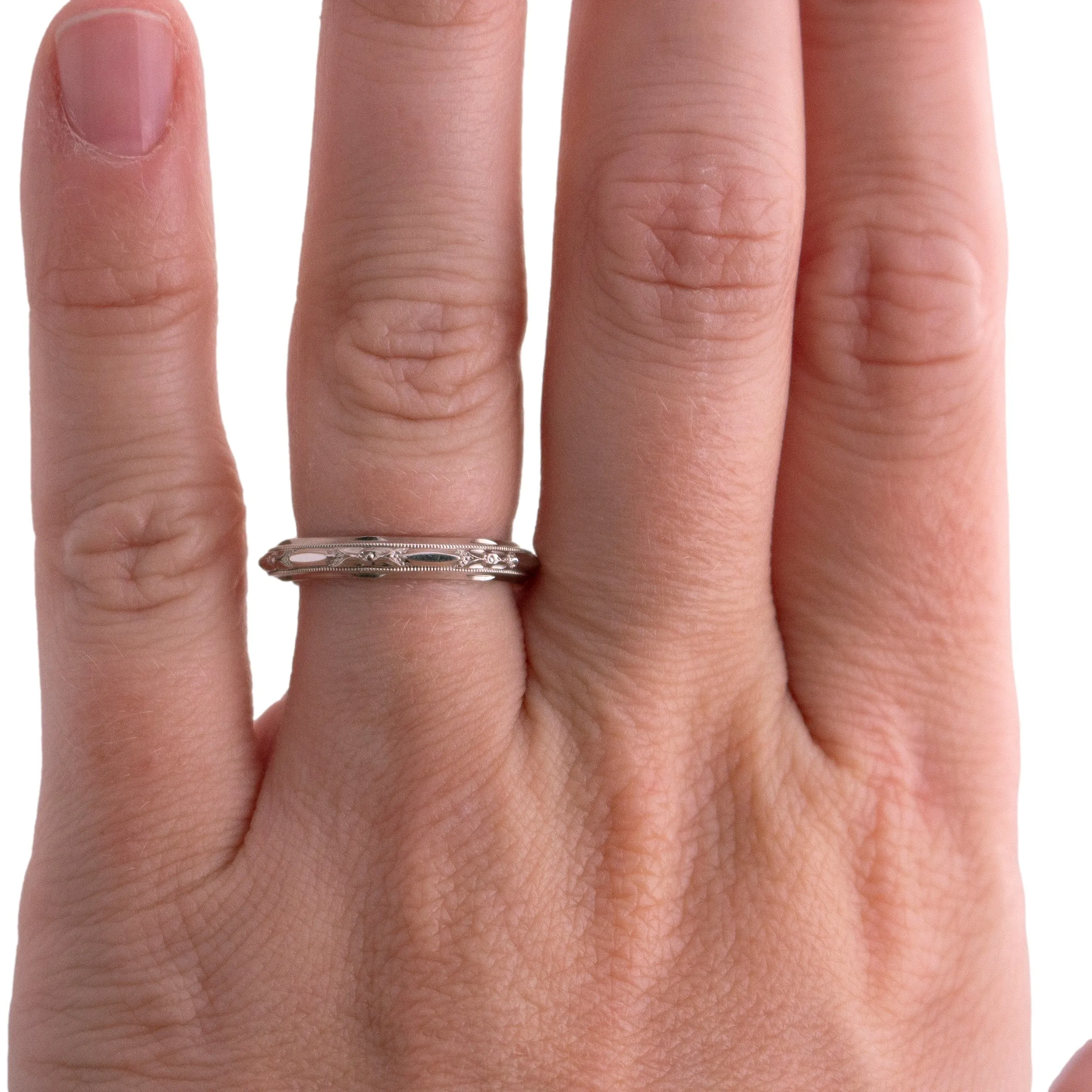 14K White Gold Etched Wedding Band