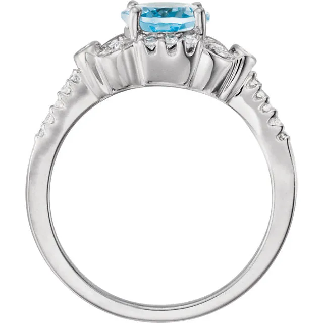 14k White Gold Genuine Oval Aquamarine & Diamond Accented Ring