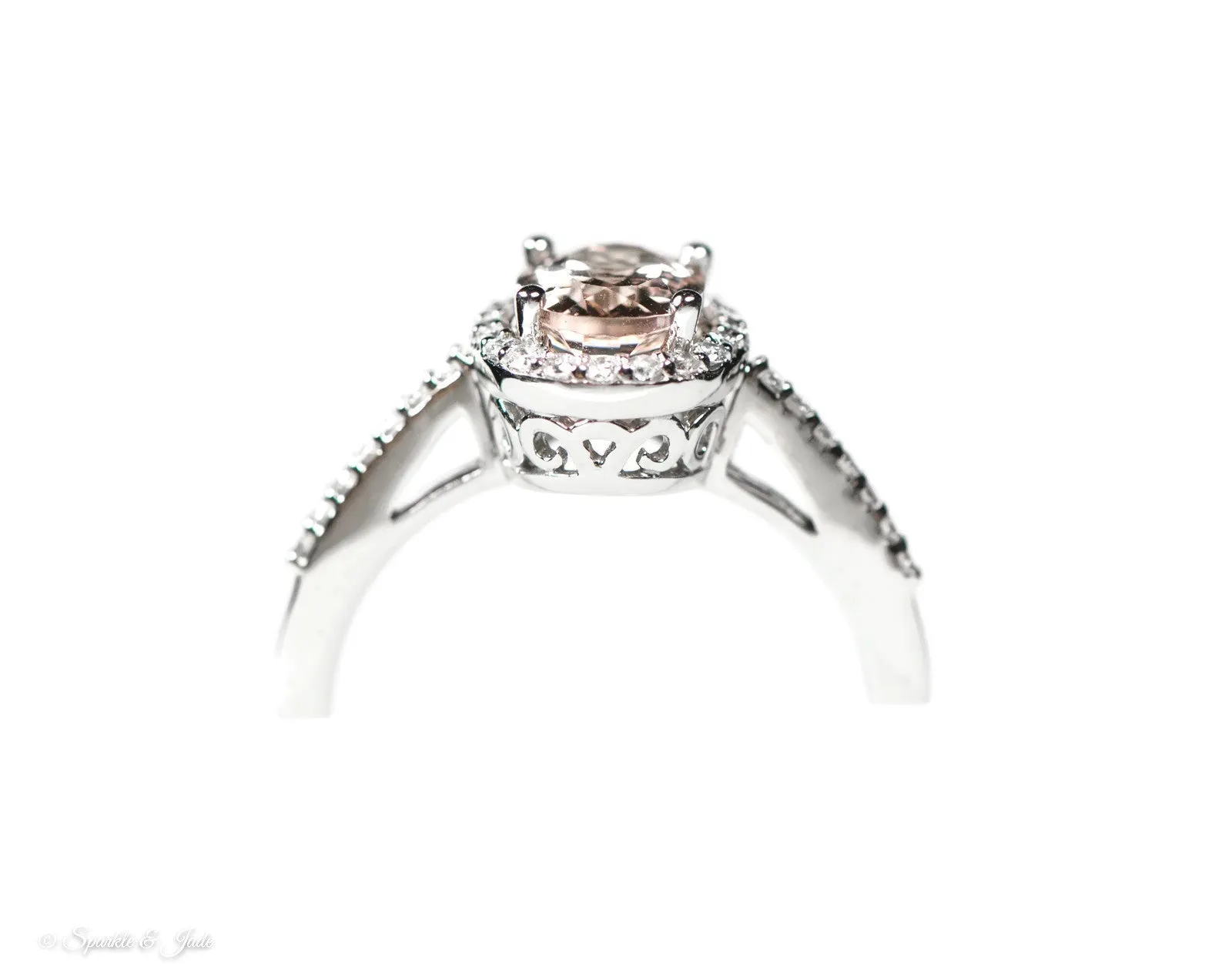 14k White Gold Oval Morganite & 1/5 CTW Diamond Halo Ring