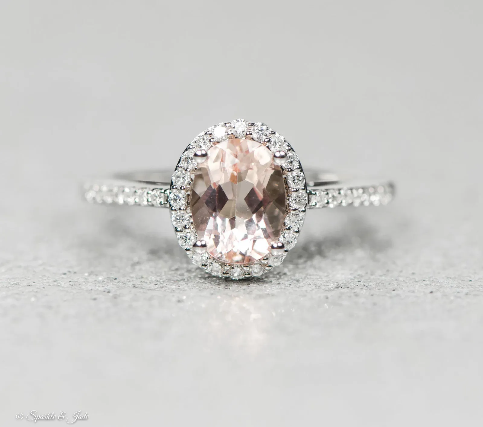 14k White Gold Oval Morganite & 1/5 CTW Diamond Halo Ring