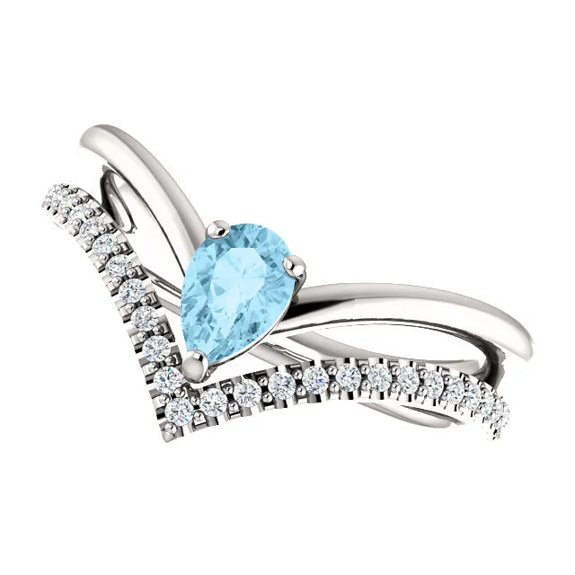 14K White Yellow or Rose Gold Aquamarine Pear & 1/6 CTW Diamond Double V Ring