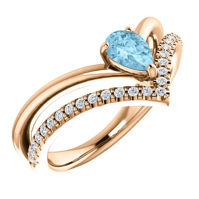 14K White Yellow or Rose Gold Aquamarine Pear & 1/6 CTW Diamond Double V Ring