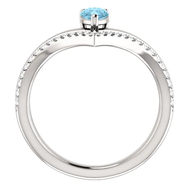 14K White Yellow or Rose Gold Aquamarine Pear & 1/6 CTW Diamond Double V Ring