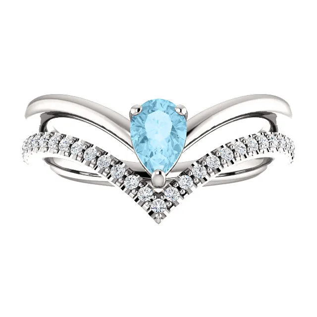 14K White Yellow or Rose Gold Aquamarine Pear & 1/6 CTW Diamond Double V Ring