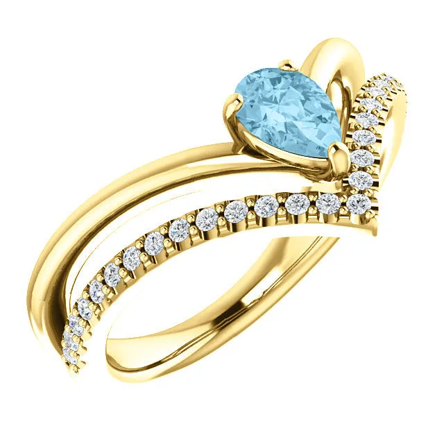 14K White Yellow or Rose Gold Aquamarine Pear & 1/6 CTW Diamond Double V Ring
