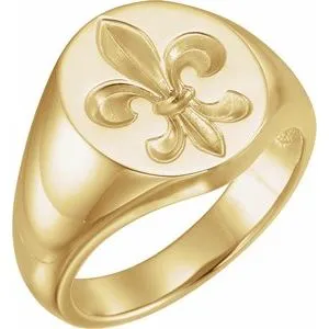 14K Yellow 16x11 Oval Fleur-de-lis Signet Ring