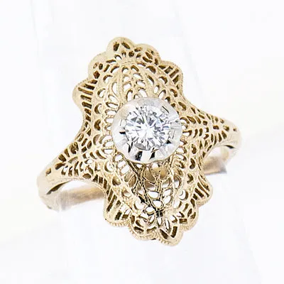 14K Yellow Gold Vintage Ladies 0.28 ct Diamond Filigree Ring