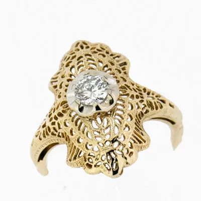 14K Yellow Gold Vintage Ladies 0.28 ct Diamond Filigree Ring