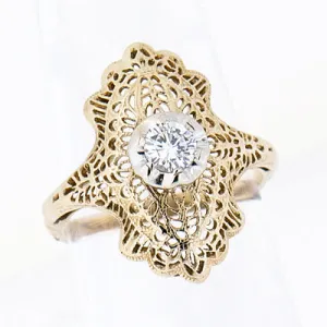 14K Yellow Gold Vintage Ladies 0.28 ct Diamond Filigree Ring