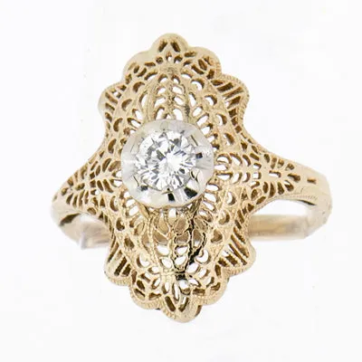 14K Yellow Gold Vintage Ladies 0.28 ct Diamond Filigree Ring